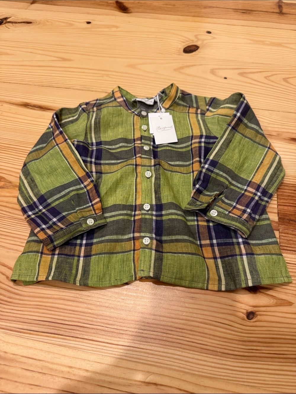 Bonpoint Green Plaid Button-Down Shirt with Yellow & Navy Accents